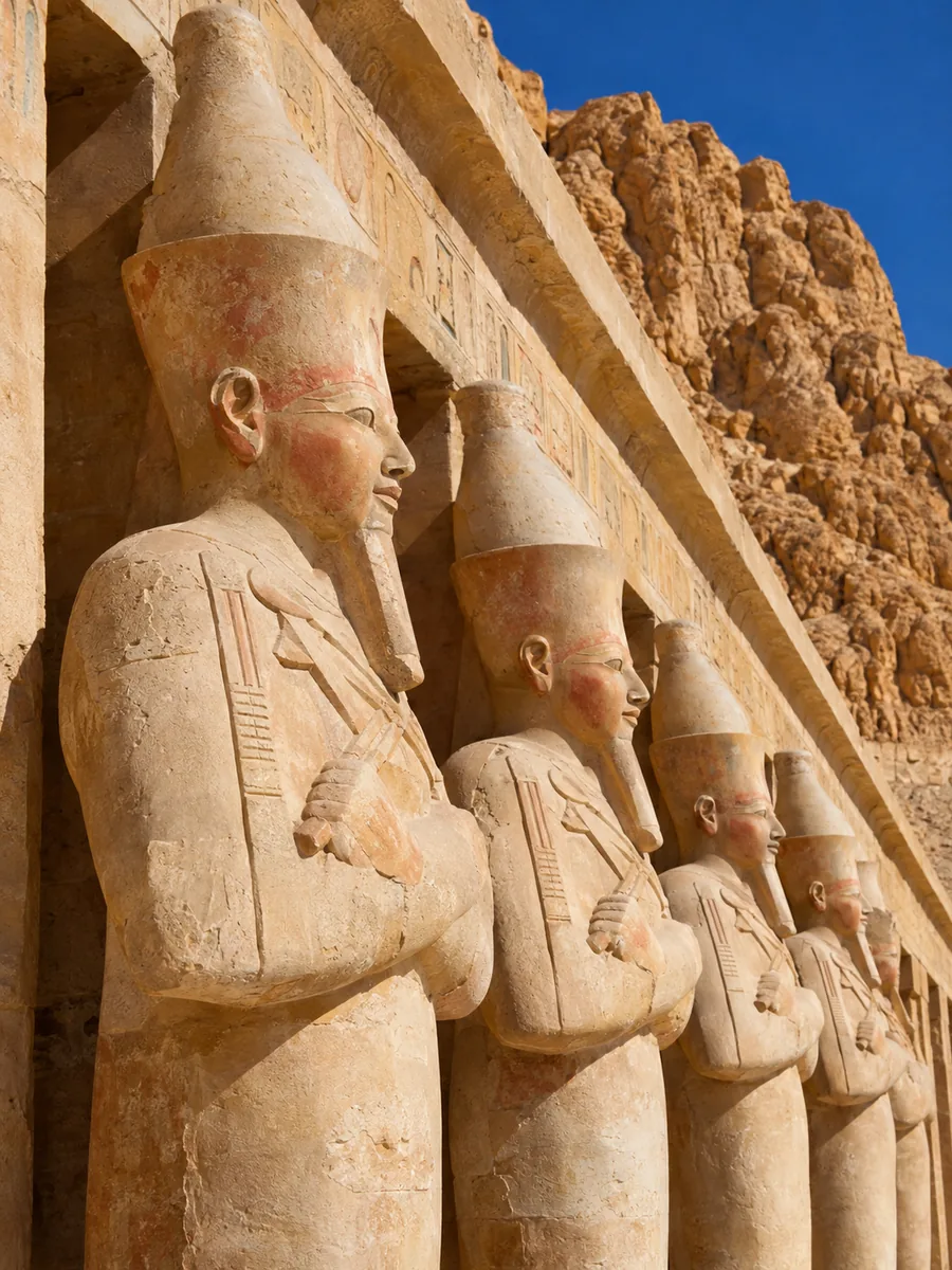 Illustration einer Reihe hoher Osiris-Statuen der Hatschepsut mit verschränkten Armen entlang der oberen Terrasse
